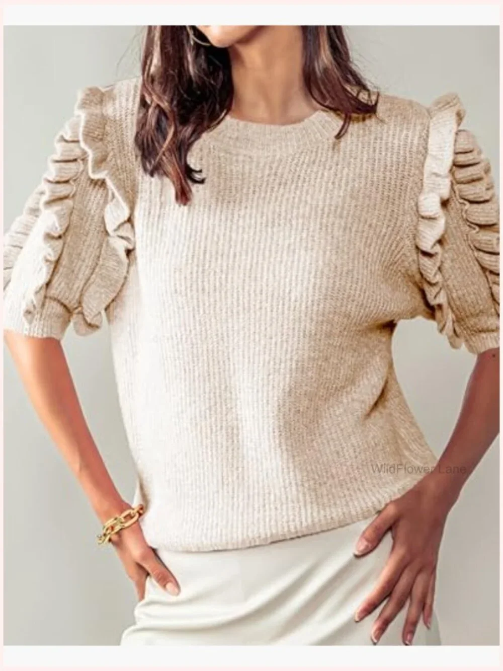 Ruffle Sleeve Sweater Crew Neck Ribbed Knit Pullover Trendy Blouse